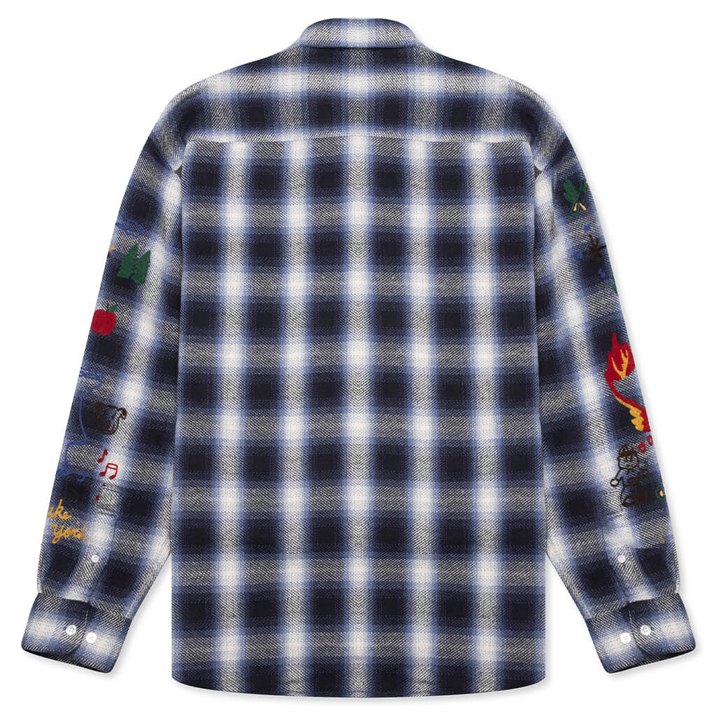 Awake Ombre Plaid Camp Flannel Shirt - Blue