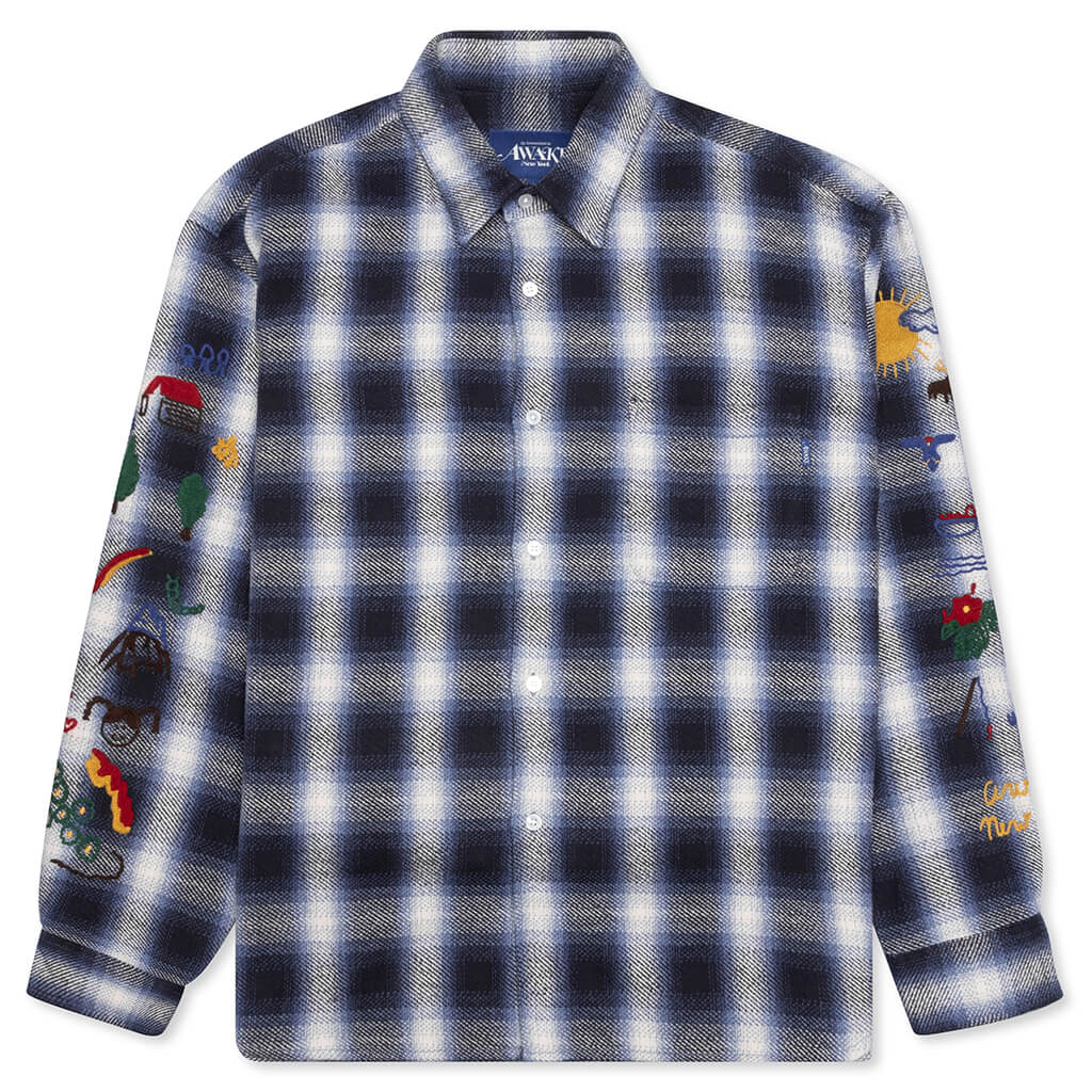 Awake Ombre Plaid Camp Flannel Shirt - Blue