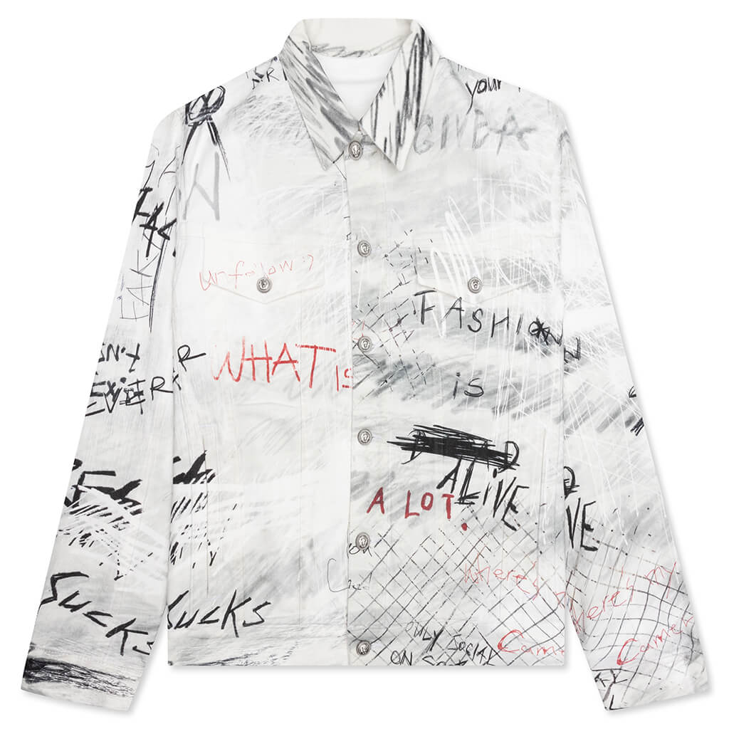 Oversize Graffiti Denim Jacket - Blanc