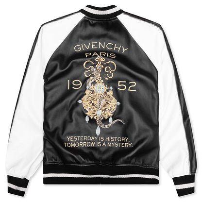 Nappa Leather Varsity Jacket with Chandelier and Snake Embroideries - Black/White