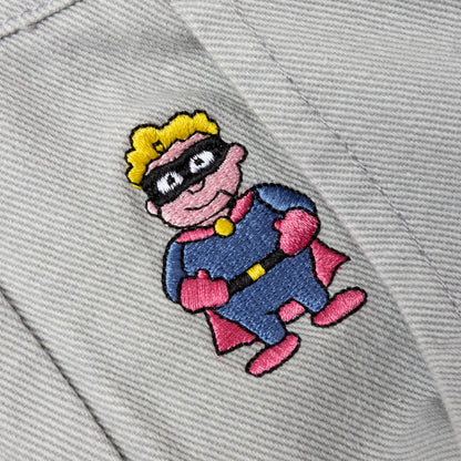 Face Embroidered Denim Pants - Grey