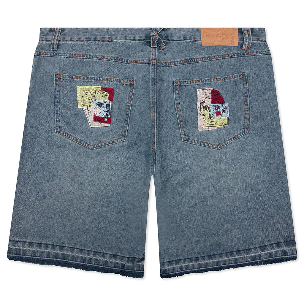 Face Patchwork Baggy Shorts - Light Wash