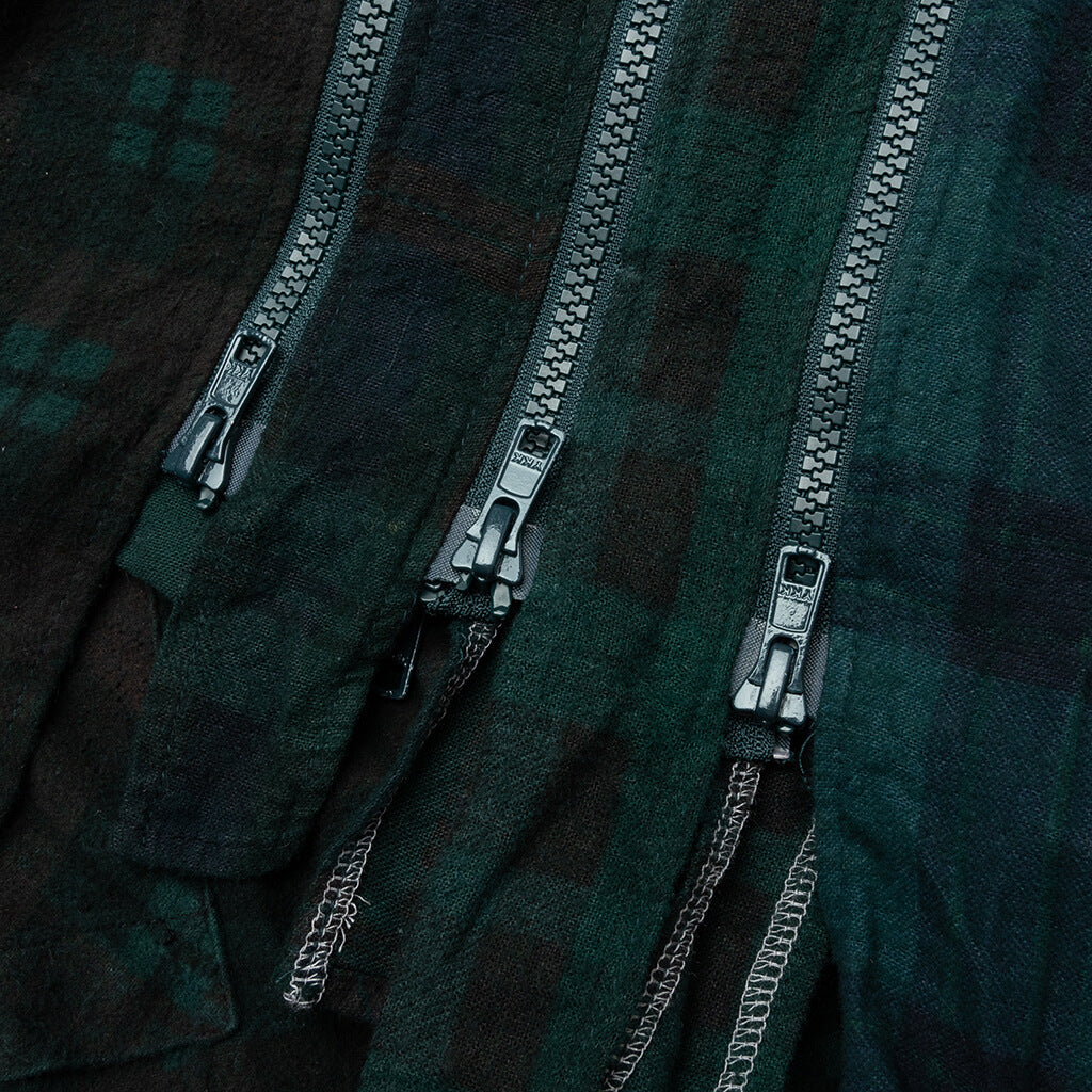 Flannel Shirt 7 Cuts Zipped Wide Shirt Over Dye - Green
