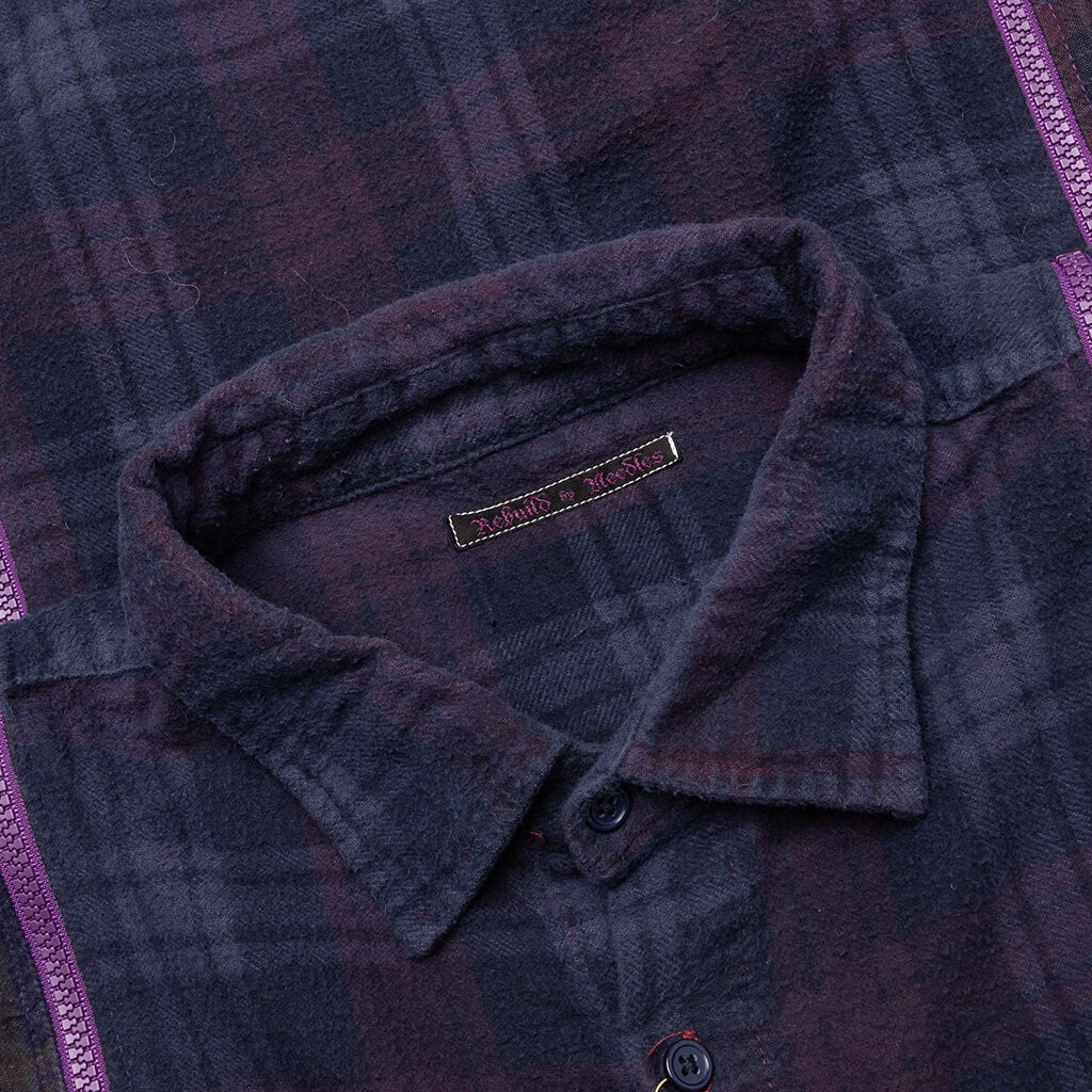 Flannel Shirt 7 Cuts Zipped Wide Shirt Over Dye - Purple