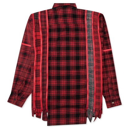 Flannel Shirt 7 Cuts Zipped Wide Shirt Over Dye - Red