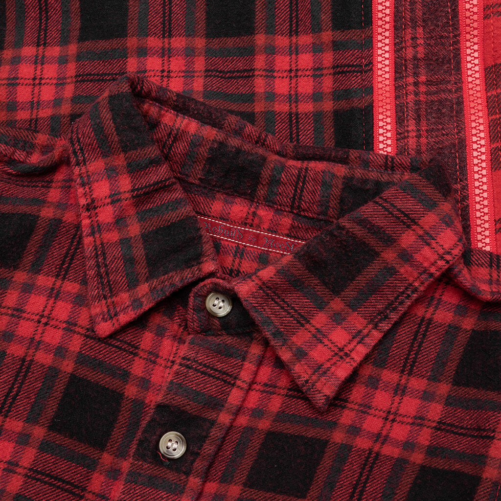 Flannel Shirt 7 Cuts Zipped Wide Shirt Over Dye - Red