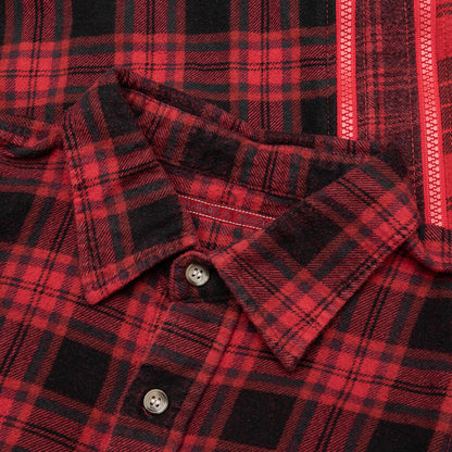 Flannel Shirt 7 Cuts Zipped Wide Shirt Over Dye - Red