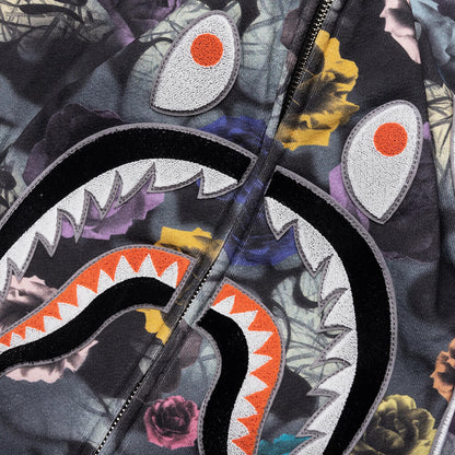 Floral Camo Shark Relaxed Fit Full Zip Hoodie - Black