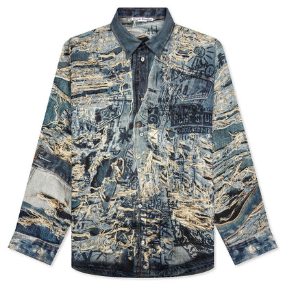 Trompe L'oeil Distressed Denim Print Button Up Fn-Mn-Shir000872 - Denim Blue