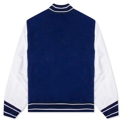 Big Varsity Bomber in Wool and Leather - Blue/White