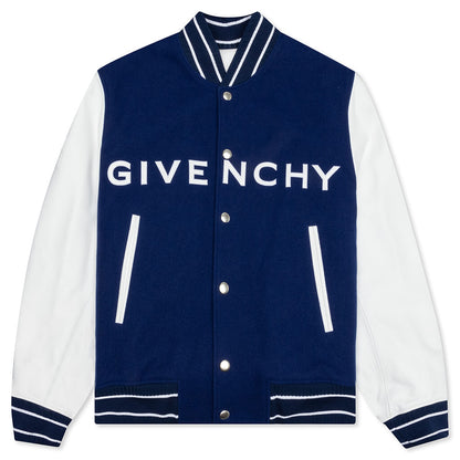 Big Varsity Bomber in Wool and Leather - Blue/White