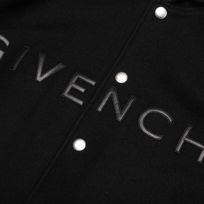 Hooded Varsity Jacket in Wool and Leather - Black