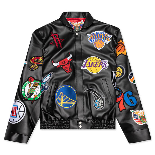 NBA Collage Vegan Leather Jacket - Black