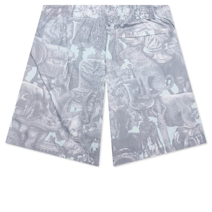 Linen Bermuda Swim Shorts with Hubert Objects Print - Prussian Blue/Grey