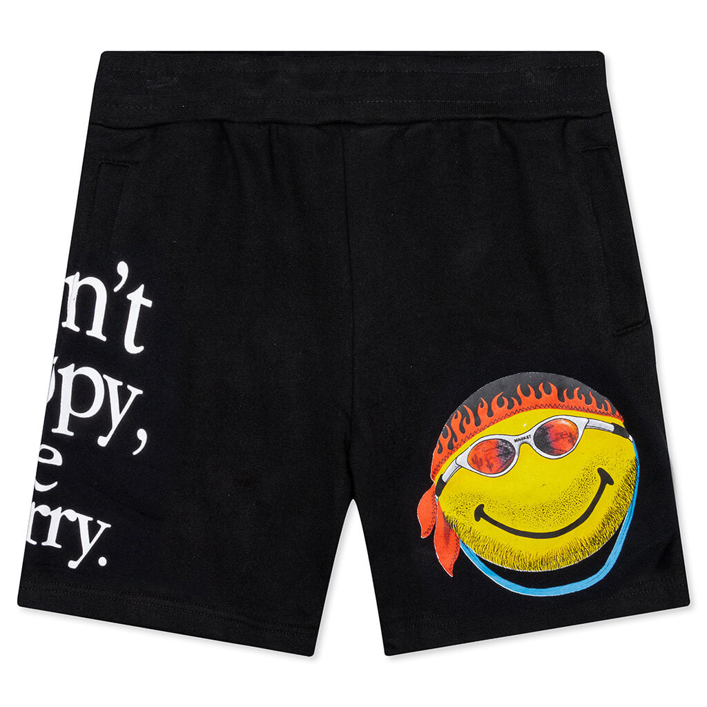 Smiley Don't Happy, Be Worry Sweatshorts - Black