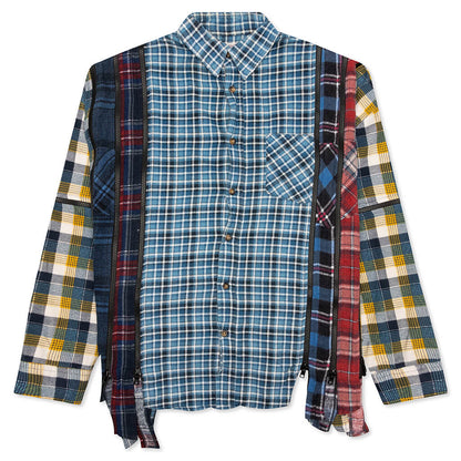 7 Cuts Zipped Wide Flannel Shirt - Blue/White