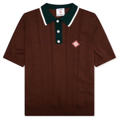 Cable Knit Oversized Polo Shirt - Dark Brown