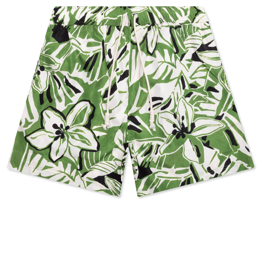 Macro Hibiscus Swim Shorts - Green/White