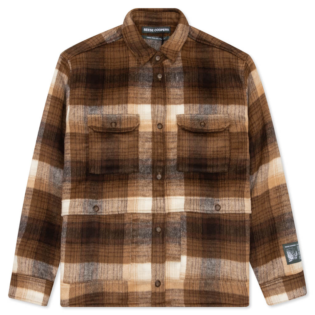 Brushed Wool Flannel Button Down Shirt - Brown