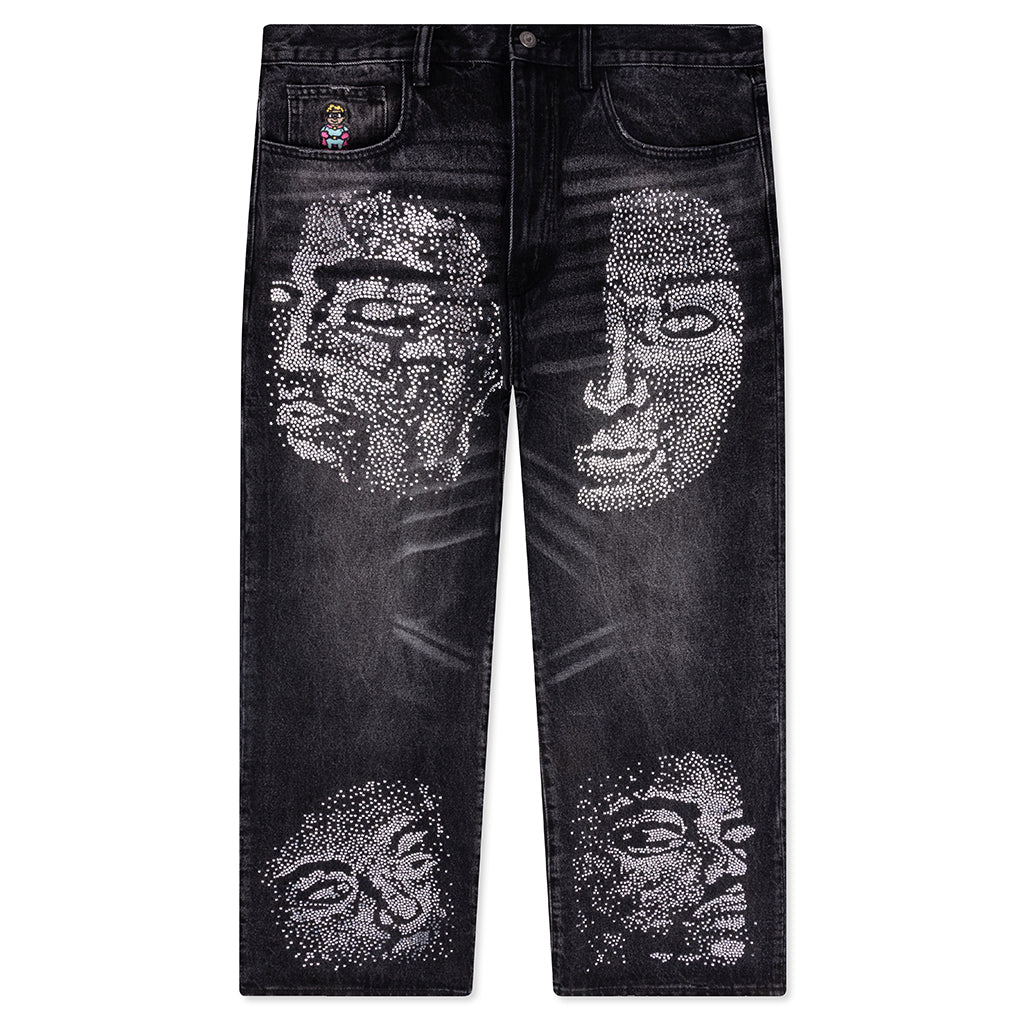 Rhinestone Face Jeans - Black
