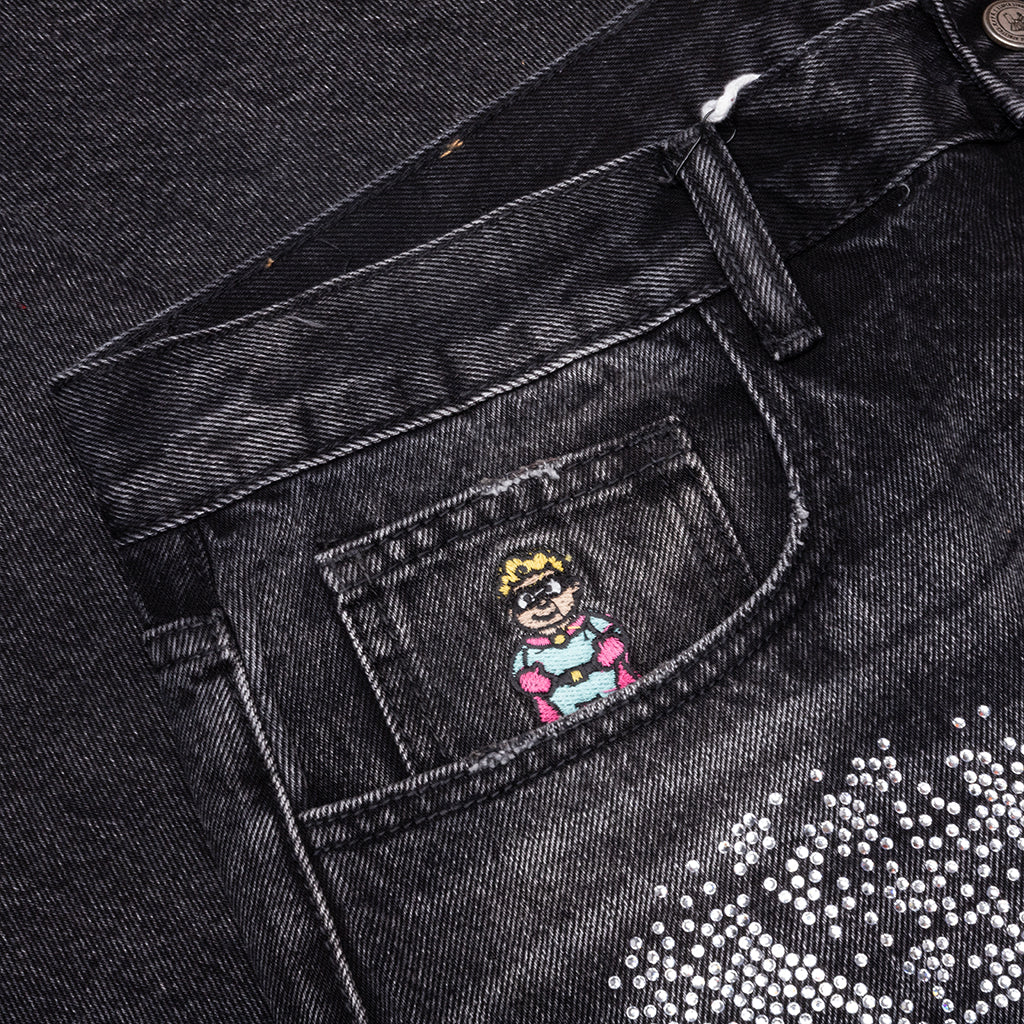 Rhinestone Face Jeans - Black