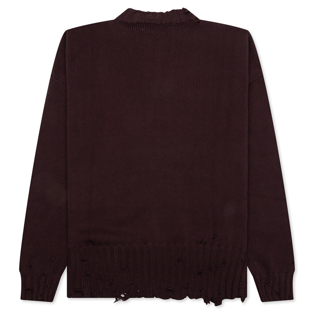 Round Neck Distressed Sweater - Dark Raisin