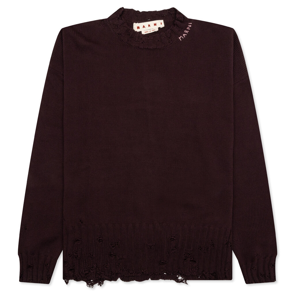 Round Neck Distressed Sweater - Dark Raisin