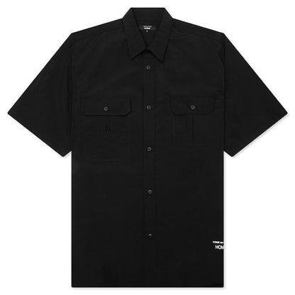 Curved Hem Nylon Short Sleeve Shirt - Black