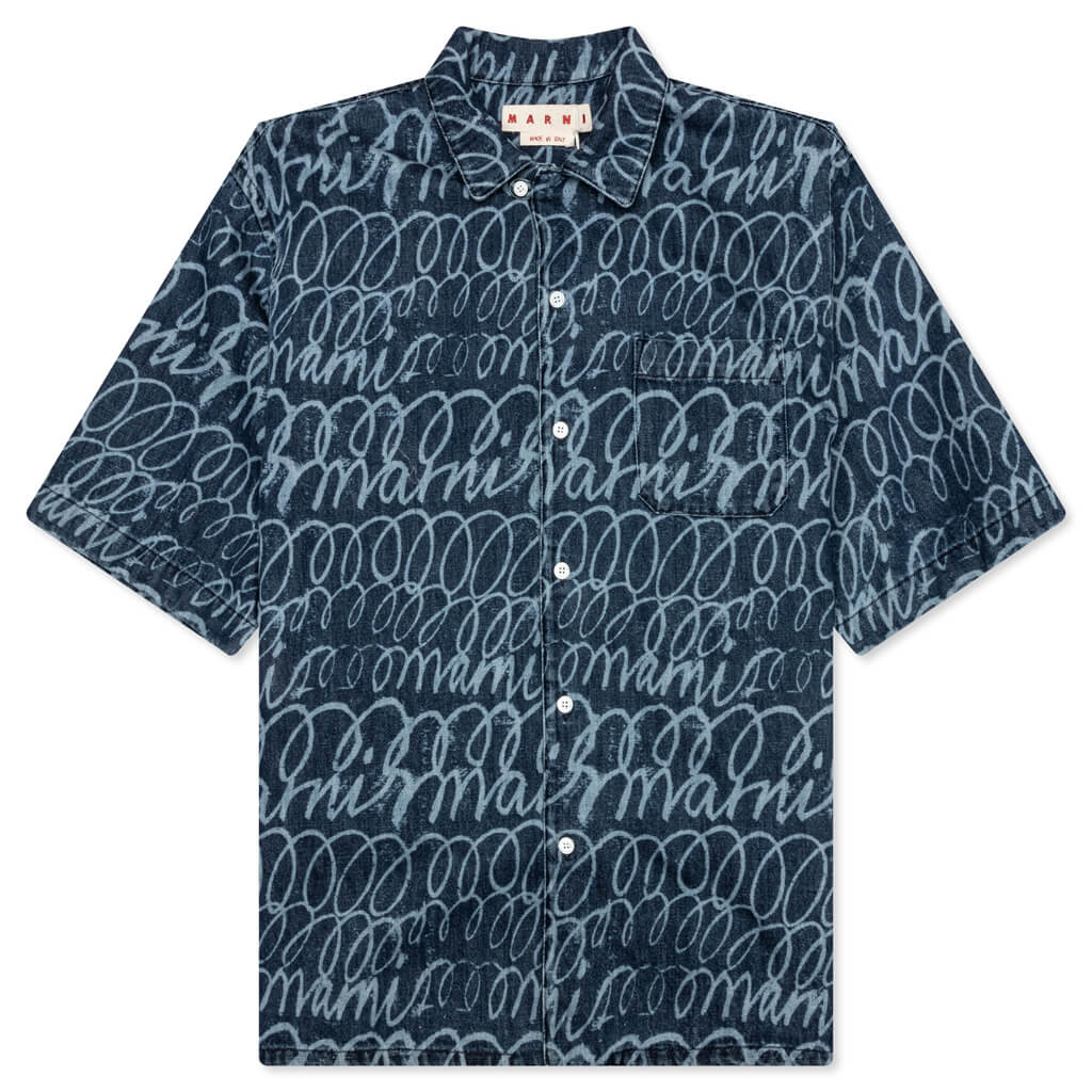 Bleached Echoes Organic Poplin Bowling Shirt - Blue Kyanite