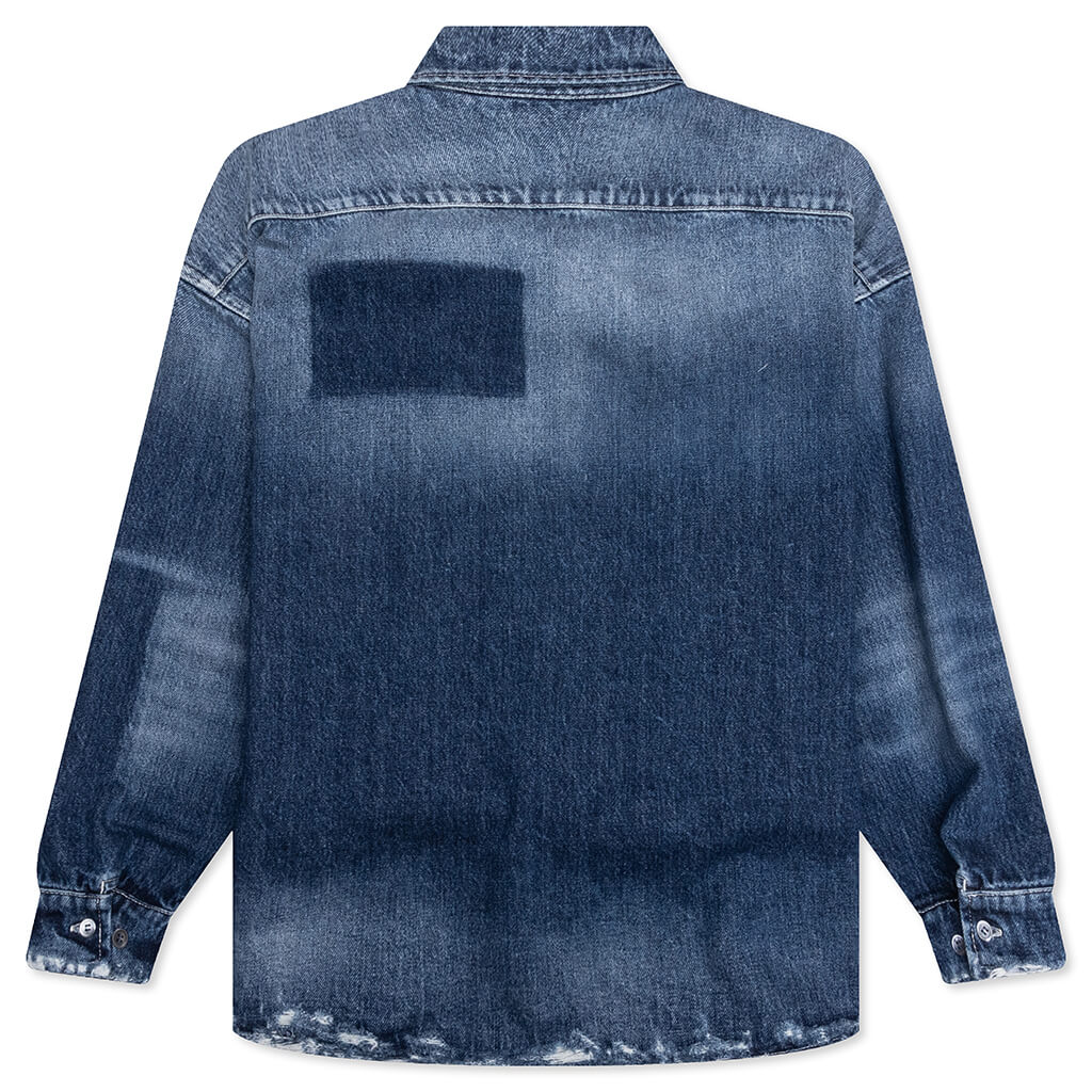 Virgin Wool Shirt With Knitted Patches - Deep Blue