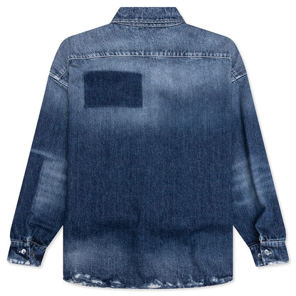 Virgin Wool Shirt With Knitted Patches - Deep Blue