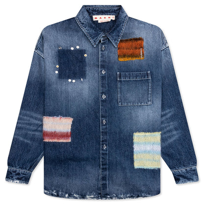 Virgin Wool Shirt With Knitted Patches - Deep Blue