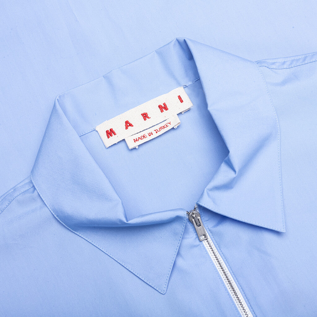 Organic Poplin Zip Shirt With Hidden Logo- Iris/Blue