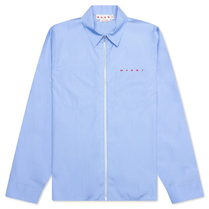 Organic Poplin Zip Shirt With Hidden Logo- Iris/Blue
