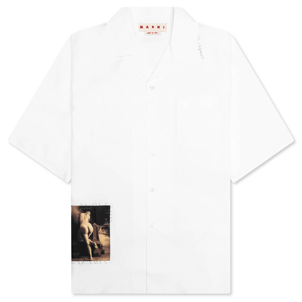Poplin Bowling Shirt with Mended Patch - Lily White