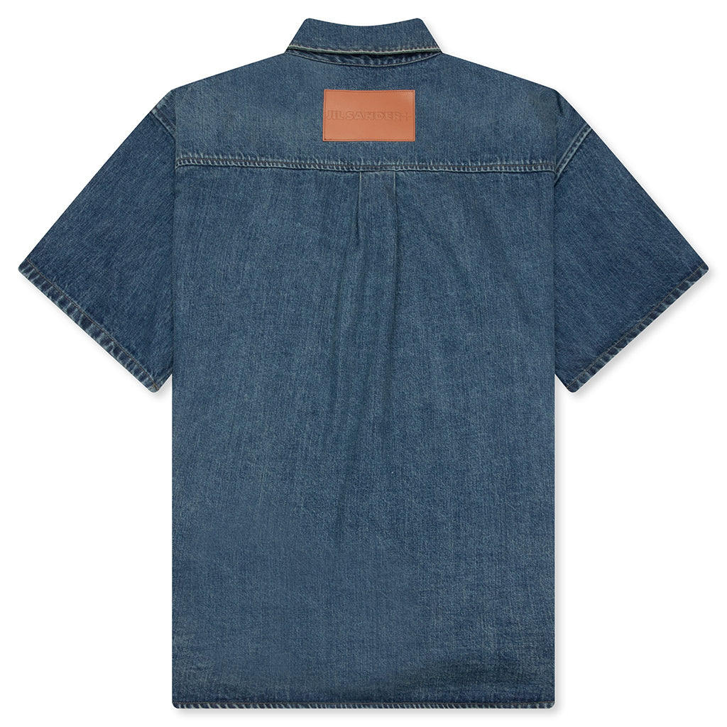 Washed and Bleached Raw Denim Shirt - Blue