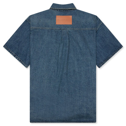 Washed and Bleached Raw Denim Shirt - Blue