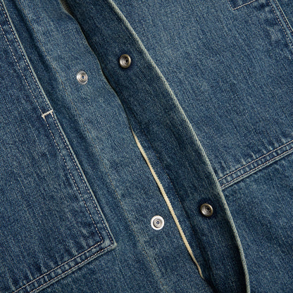Washed and Bleached Raw Denim Shirt - Blue