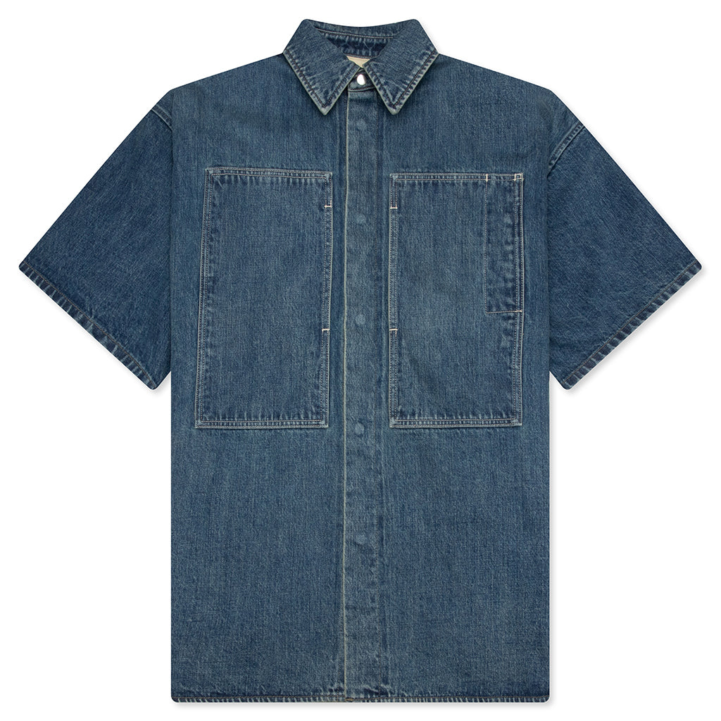 Washed and Bleached Raw Denim Shirt - Blue