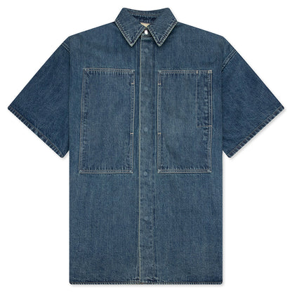 Washed and Bleached Raw Denim Shirt - Blue