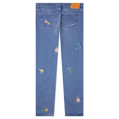 Stone Wash Denim Embroidered Motif Jean - Stone Wash