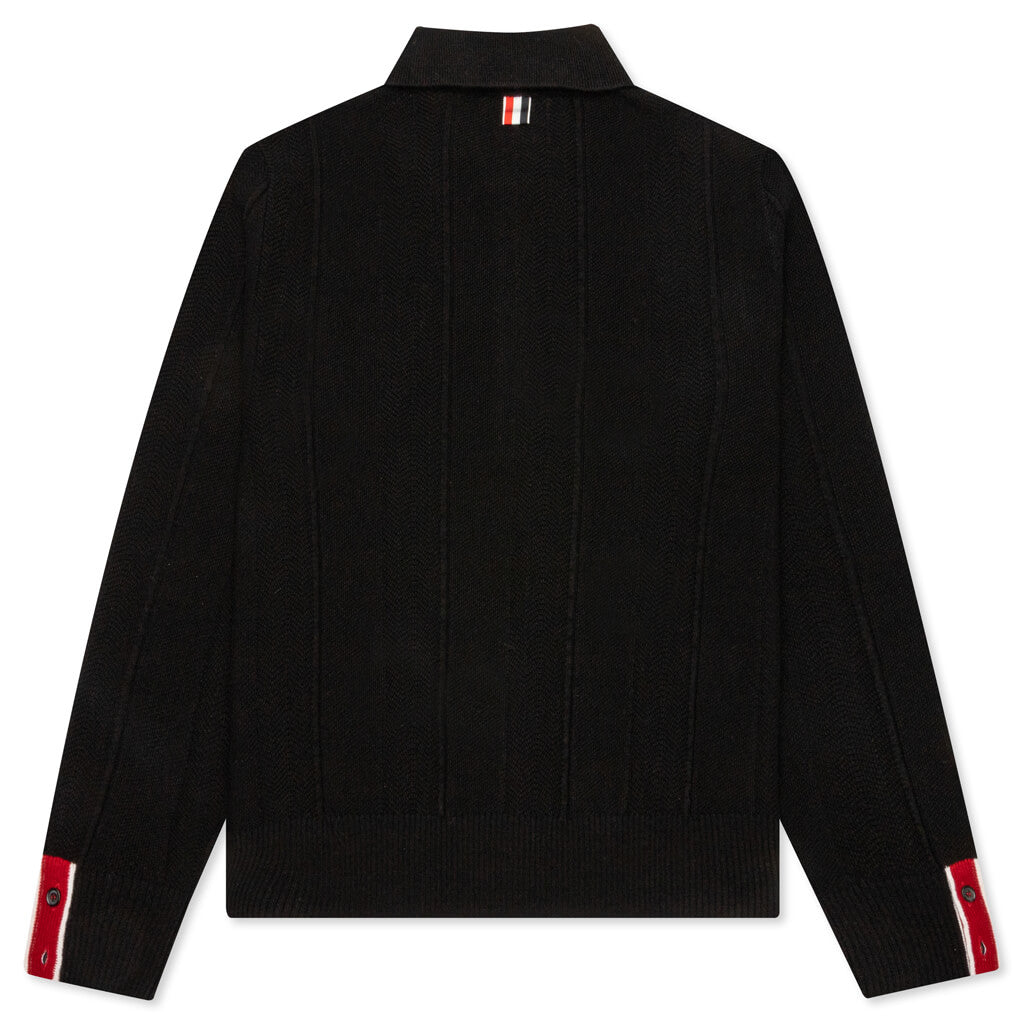 Thom Brown Wide Stripe Mixed Stitch Fine Merino Wool L/S Polo - Black