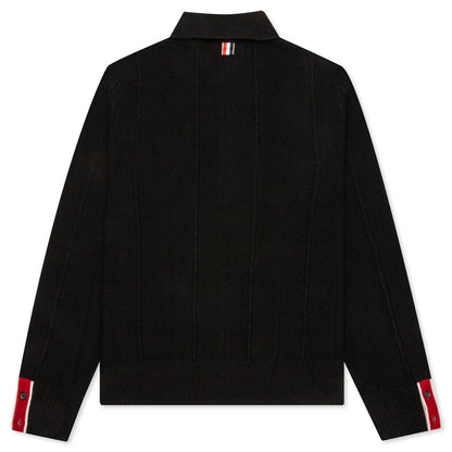 Thom Brown Wide Stripe Mixed Stitch Fine Merino Wool L/S Polo - Black