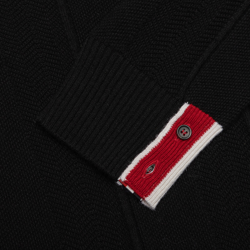 Thom Brown Wide Stripe Mixed Stitch Fine Merino Wool L/S Polo - Black