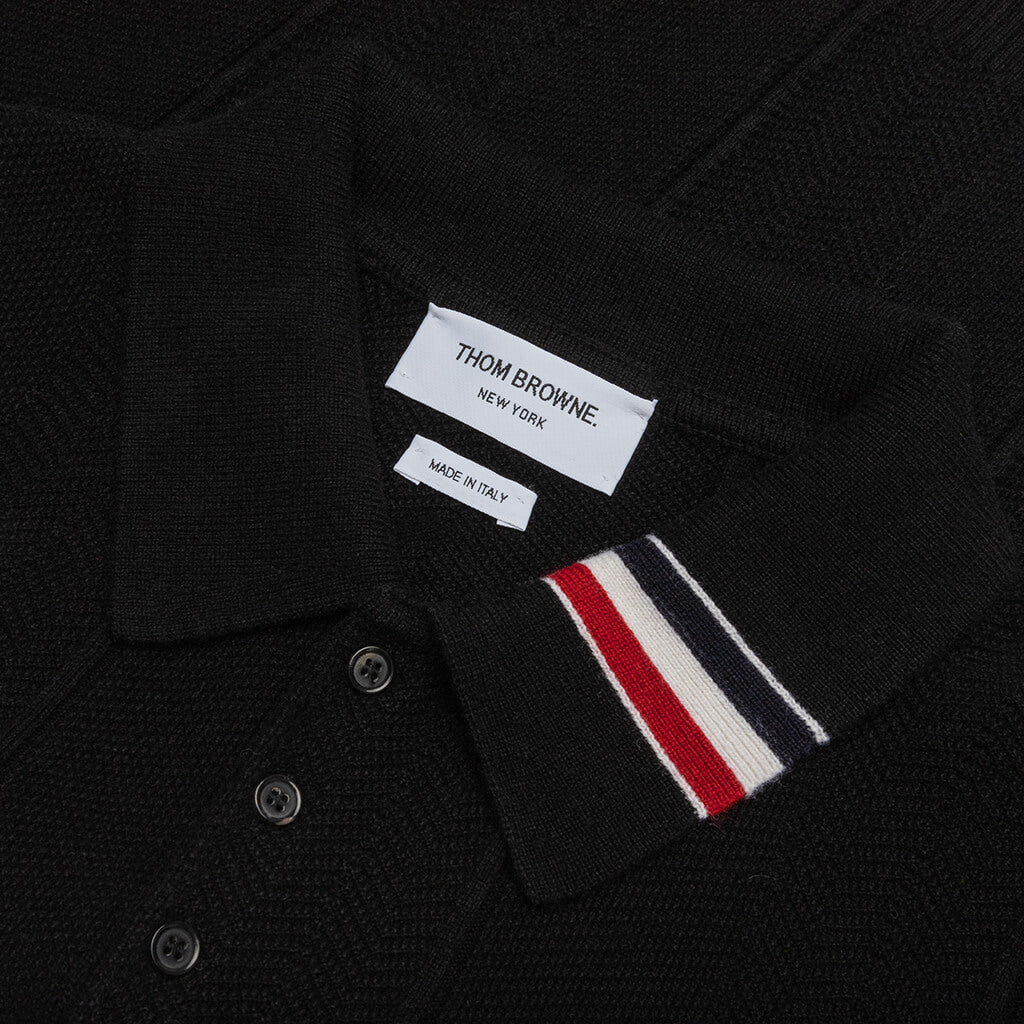 Thom Brown Wide Stripe Mixed Stitch Fine Merino Wool L/S Polo - Black