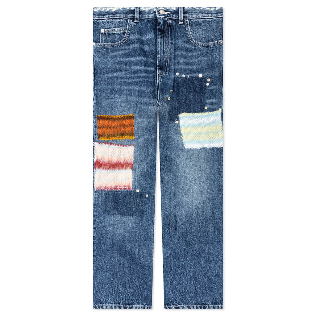 Virgin Wool Denim Trousers With Knitted Patches  - Deep Blue