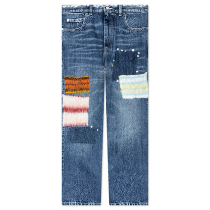 Virgin Wool Denim Trousers With Knitted Patches  - Deep Blue